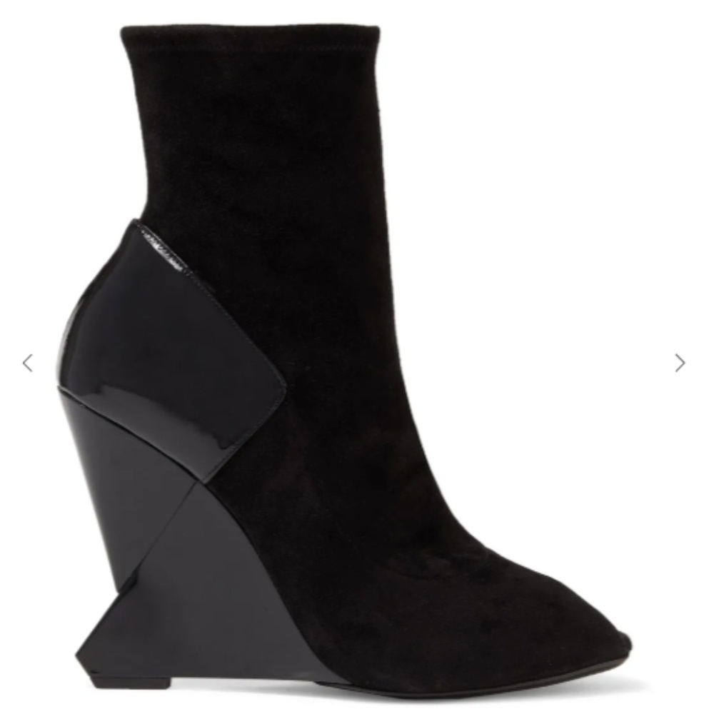 Lanvin patent leather-paneled suede wedge boot